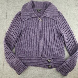Sarah Spencer Purple‎ 100% Lambs Wool Ribbed Zip Up Cardigan Sweater Petite PL